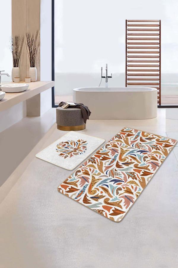 Realhomes Kahverengi Turuncu Yapraklı Modern Tasarım 2'Li Kaymaz Taban Yıkanabilir Banyo Paspas Seti - Image 1