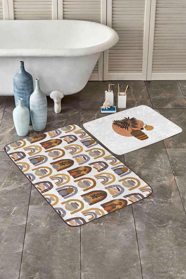 Realhomes Sarı Kahverengi Soyut Bitkisel Desenli 2'Li Kaymaz Taban Yıkanabilir Banyo Paspas Takımı - Image 1