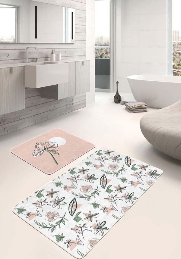 Realhomes Pembe Beyaz Üzerinde Yeşil Yapraklı Çiçek Desenli 2'Li Kaymaz Taban Banyo Paspas Seti - Image 1