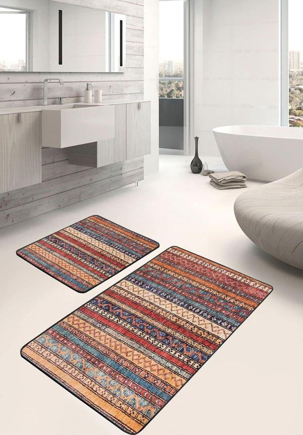 Realhomes Etnik Çizgili Mavi-Turuncu Detaylı 2'Li Kaymaz Taban Yıkanabilir Banyo Paspas Seti - Image 1