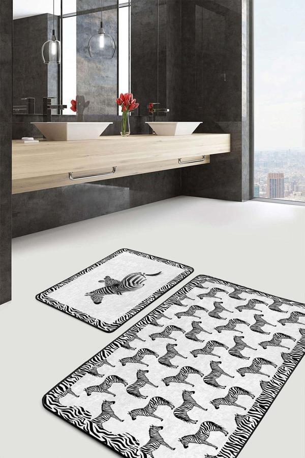 Realhomes Zebra Desenli Siyah-Beyaz Çerçeveli 2'Li Kaymaz Taban Yıkanabilir Banyo Paspas Seti - Image 1