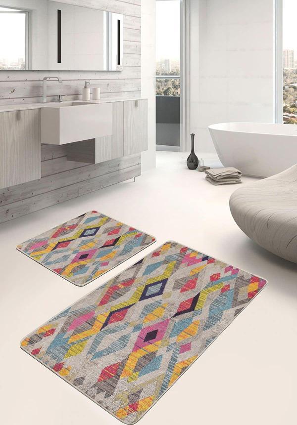 Realhomes Çok Renkli Modern Geometrik Desenli 2'Li Kaymaz Taban Yıkanabilir Banyo Paspas Seti - Image 1