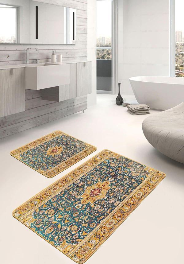 Realhomes Mavi Zemin Sarı Çerçeveli Klasik Motifli 2'Li Kaymaz Taban Yıkanabilir Banyo Paspas Seti - Image 1