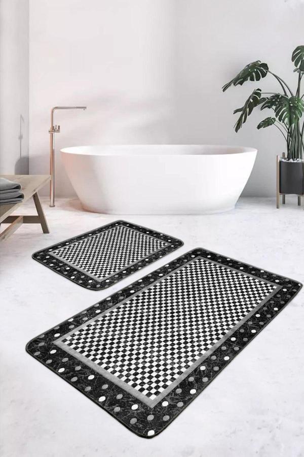 Realhomes Siyah-Beyaz Kareli Puantiye Desenli 2'Li Kaymaz Taban Yıkanabilir Banyo Paspas Seti - Image 1