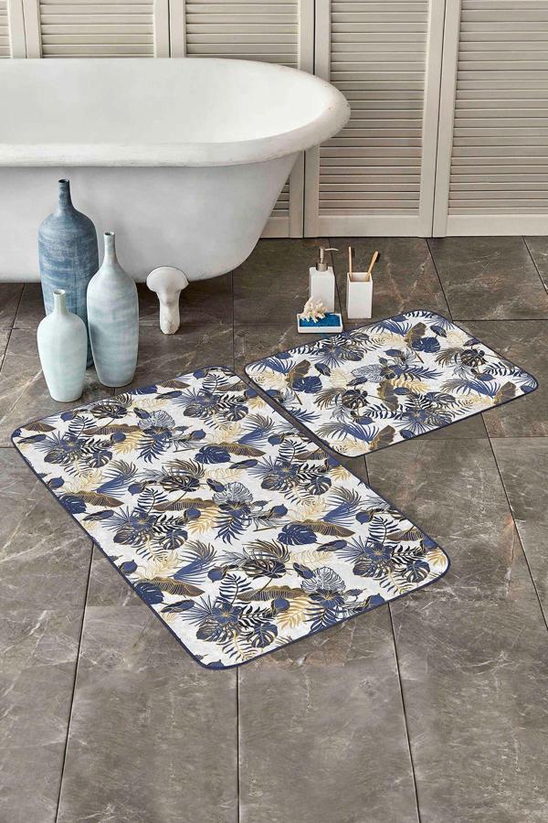 Realhomes Lacivert Altın Renkli Tropikal Yaprak Desenli 2'Li Kaymaz Taban Yıkanabilir Banyo Paspas Seti - Image 1