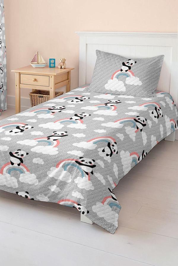 Realhomes Panda Ve Gökkuşağı Desenli Tek Kişilik Çocuk Ve Genç Odası Pike Takımı - Image 1