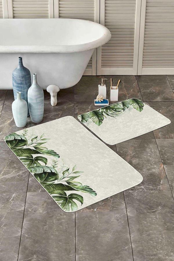 Realhomes Yeşil Tropikal Yapraklı Doğal Tasarımlı 2'Li Kaymaz Taban Yıkanabilir Banyo Paspas Seti - Image 1
