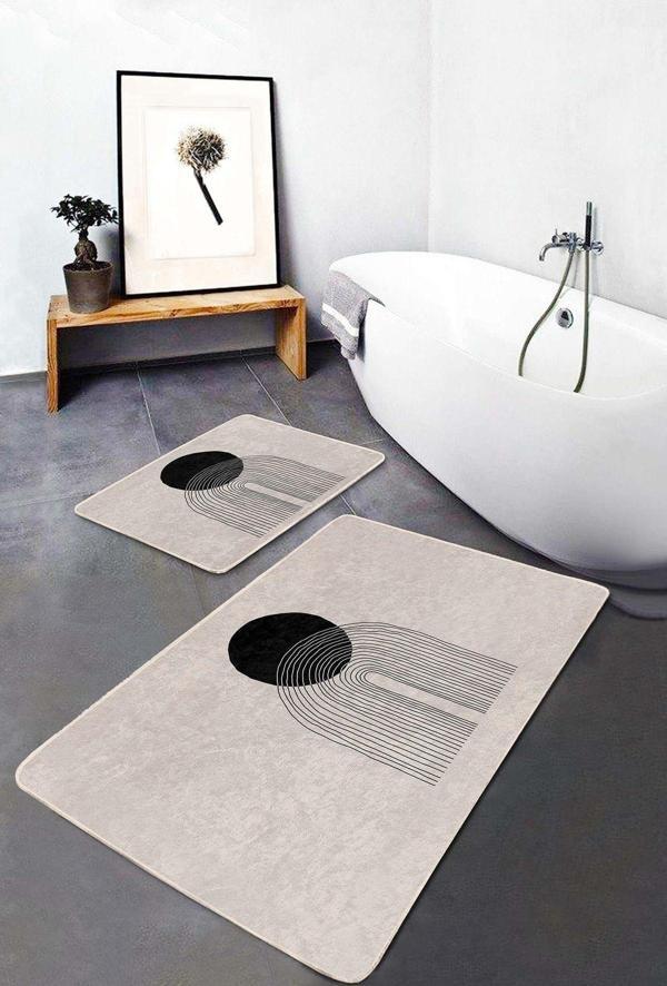 Realhomes Siyah Minimal Çizgili Geometrik Desenli 2'Li Kaymaz Taban Yıkanabilir Banyo Paspas Takımı - Image 1