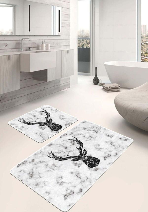 Realhomes Geometrik Siyah Geyik Figürlü Beyaz Mermer Desenli 2'Li Kaymaz Taban Yıkanabilir Banyo Paspas Seti - Image 1