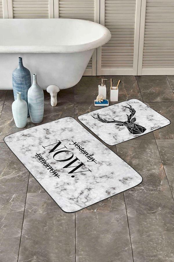 Realhomes Mermer Desenli Siyah Geometrik Geyik 2'Li Kaymaz Taban Yıkanabilir Banyo Paspas Seti - Image 1
