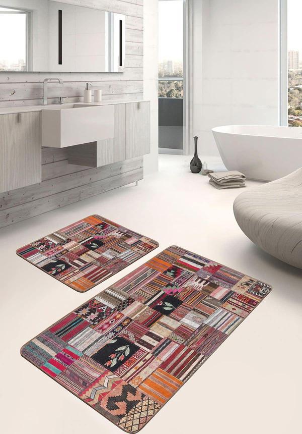 Realhomes Renkli Etnik Desenli Patchwork 2'Li Kaymaz Taban Yıkanabilir Banyo Paspas Seti - Image 1