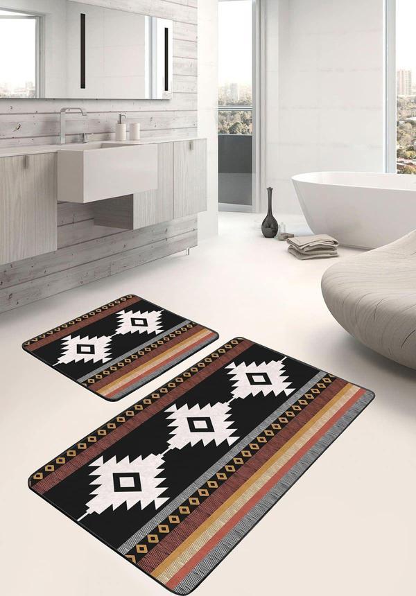 Realhomes Etnik Desenli Siyah Beyaz Bordo Kahverengi 2'Li Kaymaz Taban Yıkanabilir Banyo Paspas Seti - Image 1