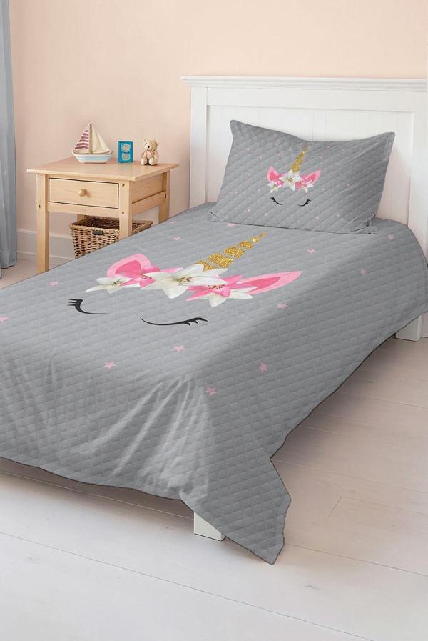 Realhomes Pembe Unicorn Desenli Çocuk Ve Genç Odası Pike Takımı Yatak Örtüsü - Canlı Renkler - Image 1
