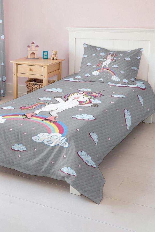 Realhomes Unicorn Desenli Tek Kişilik Çocuk Ve Genç Odası Pike Takımı Yatak Örtüsü - Image 1