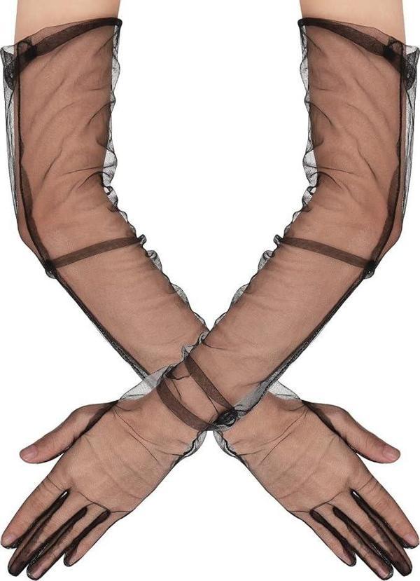 Uzun Boy Likralı Siyah Renk Yetişkin Mega Tül Eldiven 53 cm - Image 1