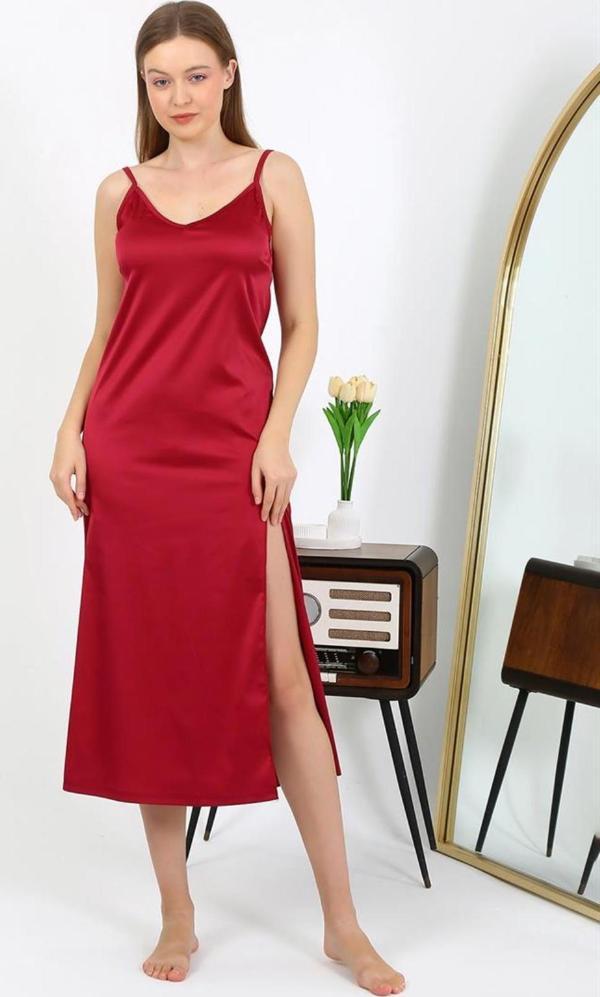 Celira Yırtmaçlı Uzun Saten Gecelik Bordo 7410 - Image 1