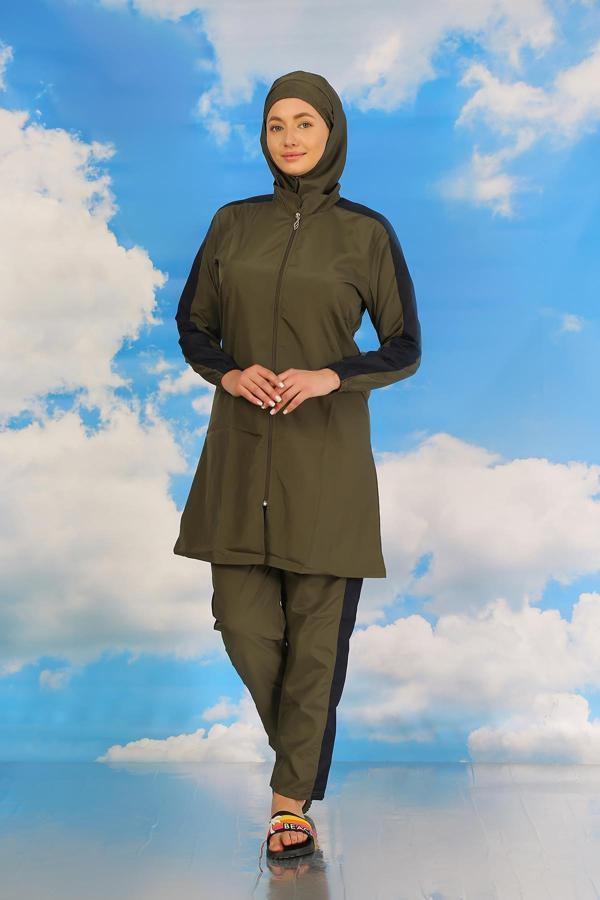 Celira Kadın Pantolonlu Kolu Şeritli Tam Tesettür Mayo Haki 31066 - Image 1