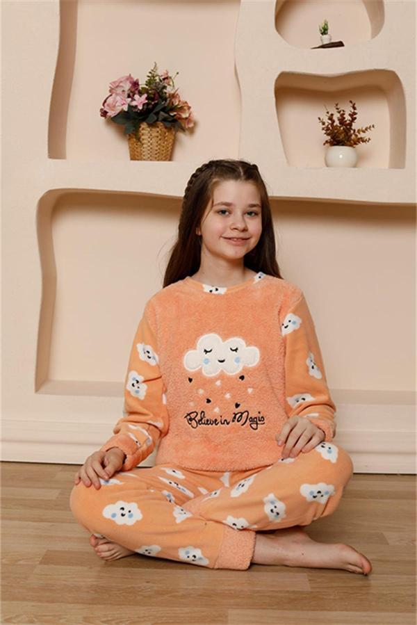 Celira Kız Çocuk WelSoft Polar Turuncu Pijama Takımı - Image 1