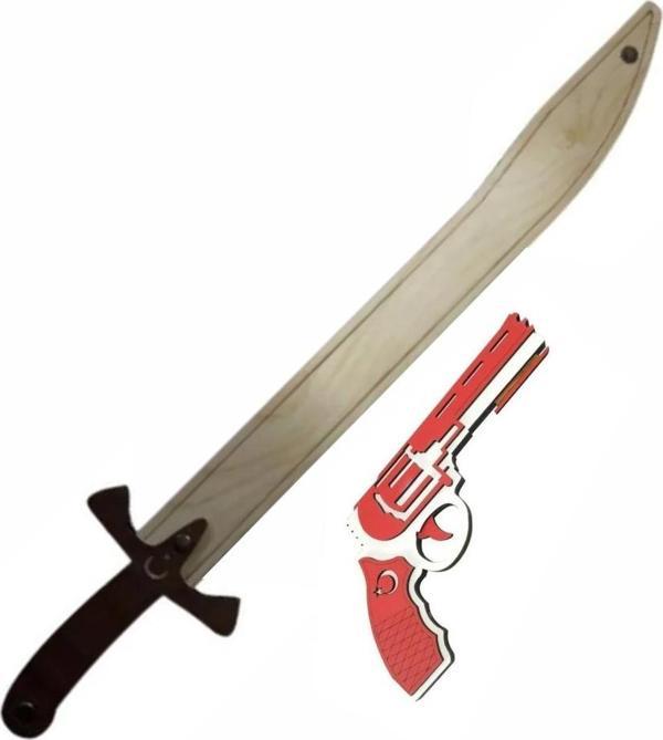 Ahtek 2'li Ahşap Kılıç + Lastik Atan Tabanca Oyuncak Seti - Image 1