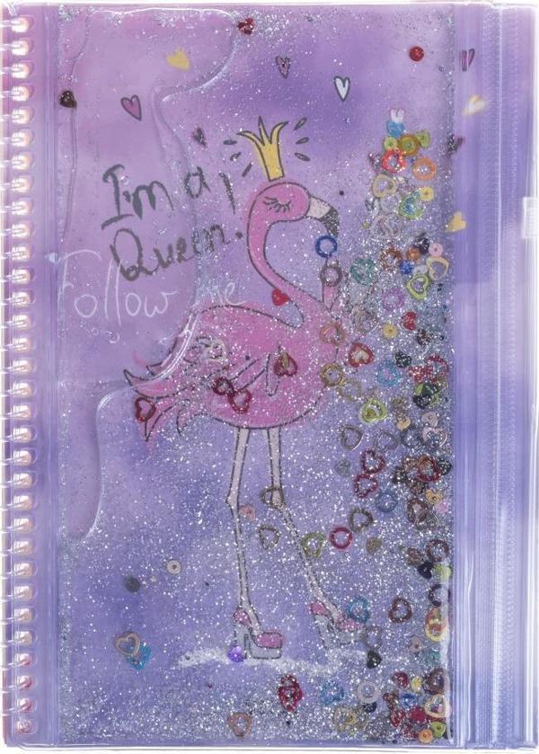 Vuki Kalemlikli Not Defteri 48 Sayfa Çizgili Simli ve Sulu Kapaklı Kalem Kutulu A5 Defter Flamingo Vk-0112-02 - Image 1