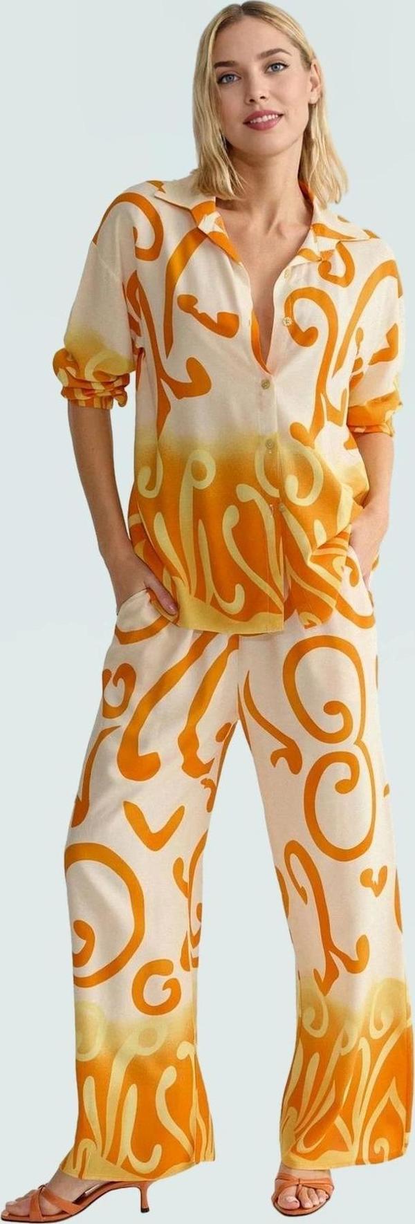 Viskoz Dokuma Takım Elbise Yüksek Bel Geniş Paça Şal Desen Premium Kalite Uzun Ömürlü - Image 1