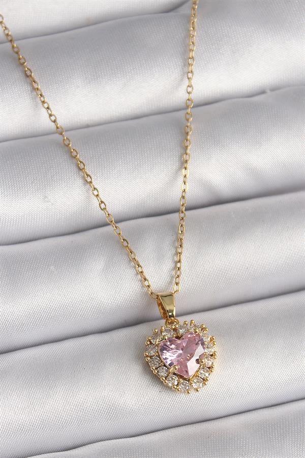 316L Çelik Gold Renk Zincir Pembe Zirkon Taşlı Kalp Model Kadın Kolye - Image 1
