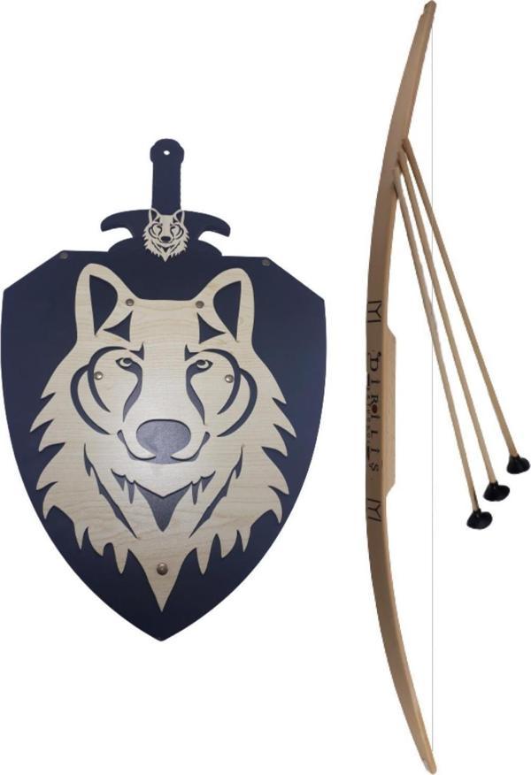 Ahtek Ahşap Oyuncak Seti 3'lü, Kurt Başlı Kalkan + Kılıç + Ok Yay Takımı 80 Cm. - Image 1