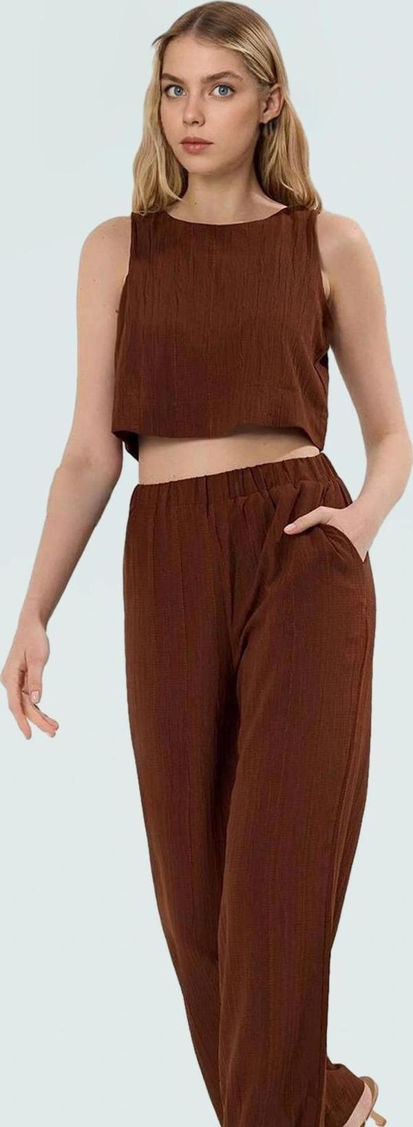 Rahat ve Şık Crinkle Kumaştan Kadın Crop Bluz Pantolon Takım Seçkin Malzeme Özel Tasarım - Image 1