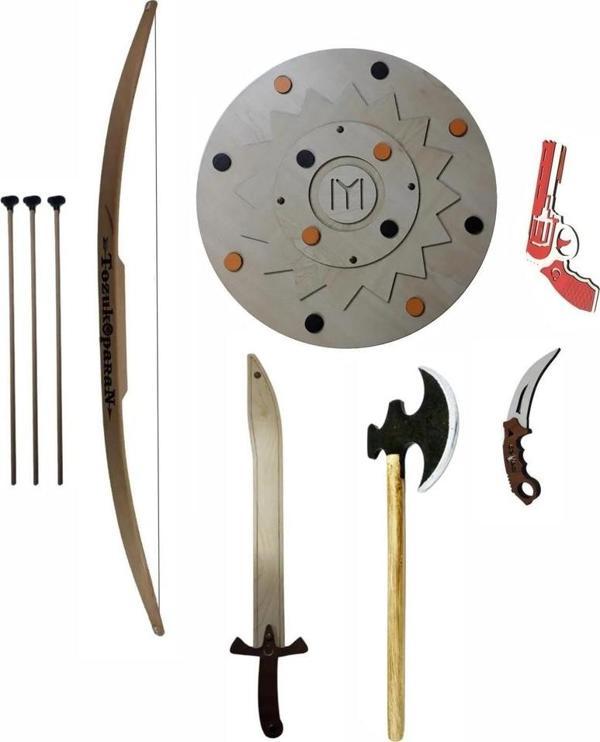 Ahtek Ahşap Oyuncak Seti 6'lı, Kalkan + Balta + Kılıç + Karambit + Ok Yay Tk + Lastik Atan Tabanca - Image 1