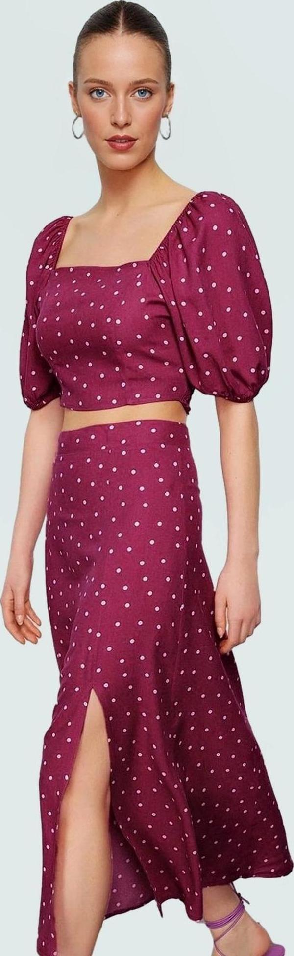 Rahat Yazlık Puantiyeli Viskoz Bluz Etek Takımı Kısa Kollu A line Profesyonel Görünüm - Image 1