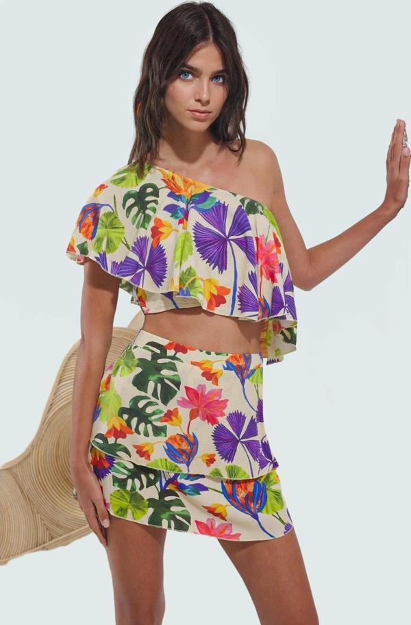 Çok Tropikal Desenli Dokuma Mini Etek Bluz Takımı Yaz İçin Profesyonel Görünüm Şık - Image 1