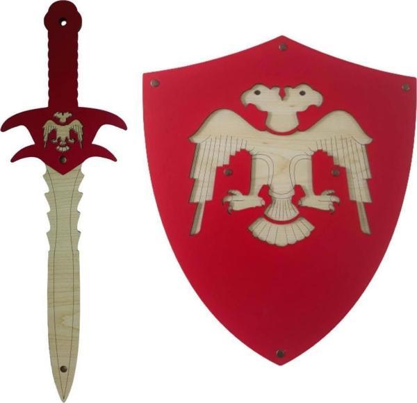Ahtek Ahşap Oyuncak Silah Seti 2'li, Çift Başlı Selçuklu Kalkanı Ve Kılıcı Kırmızı - Image 1