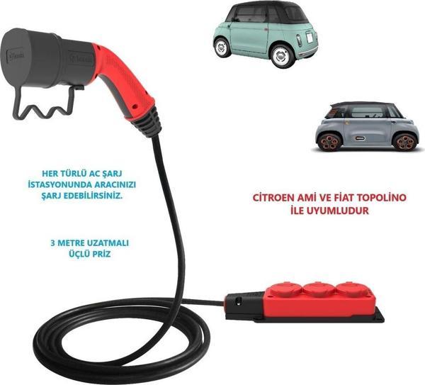 Bemis Citroen Ami Ve Fiat Topolino Uyumlu 3 Metre Uzatmalı, Üçlü Ac Şarj Kablosu - C2L - Image 1