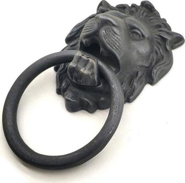 Antika Tarz Dekoratif Pirinç Aslan Kapı Tokmağı, Taktak - 102x130 mm, Oksit - Image 1