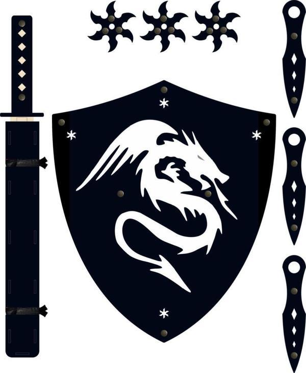 Ahtek Ahşap Samuray Seti 4 Lü, Kalkan + Katana Kılıcı + Ninja Yıldızı Kohga + Fırlatma Bıçağı Kunai, Siyah - Image 1