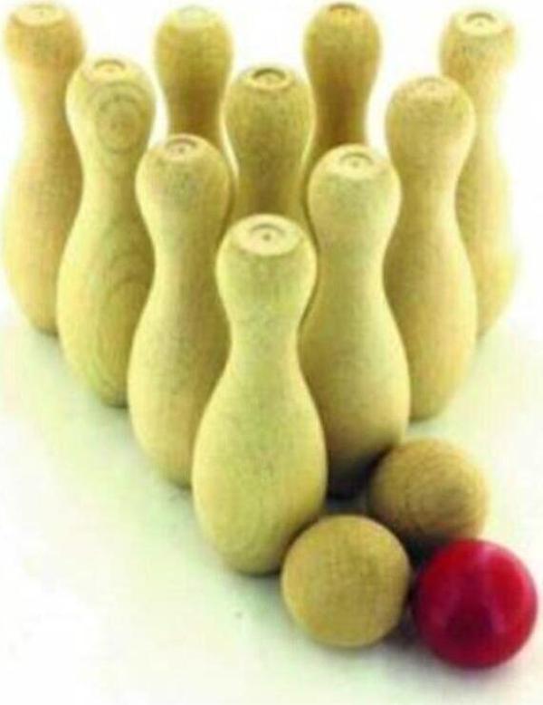 Ahtek Doğal Ahşap Bowling Oyunu, 10 Adet Ahşap Lobutlu - Image 1