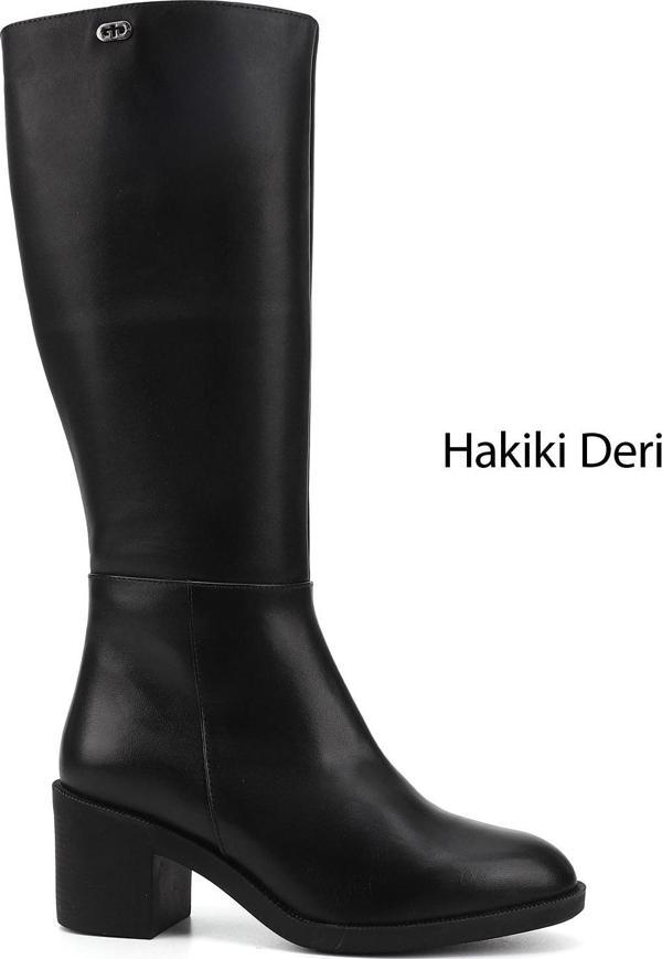 Kadın Siyah Fermuarlı Kalın Topuklu Hakiki Deri Çizme - Image 1