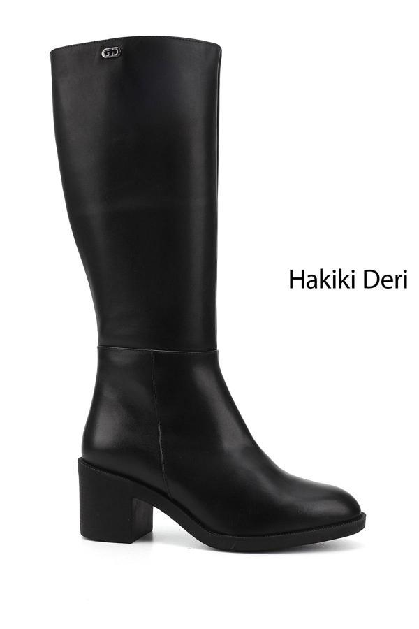 Kadın Siyah Fermuarlı Kalın Topuklu Hakiki Deri Çizme - Image 1