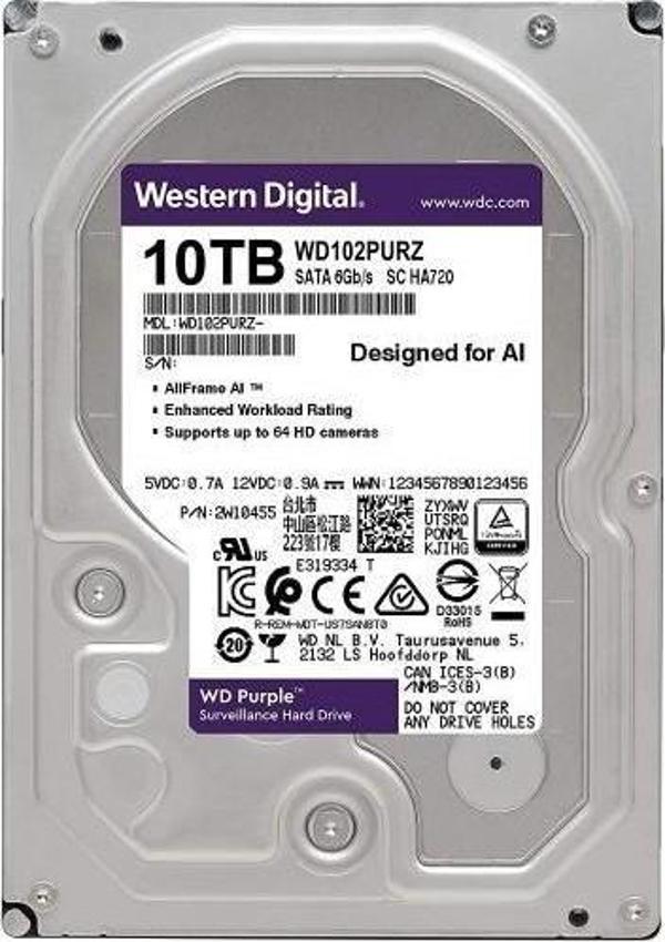 WESTERN DİGİTAL Purple 10TB 7200rpm 256MB Sata3 7/24 Güvenlik 3.5" Harddisk (WD102PURZ) - Image 1