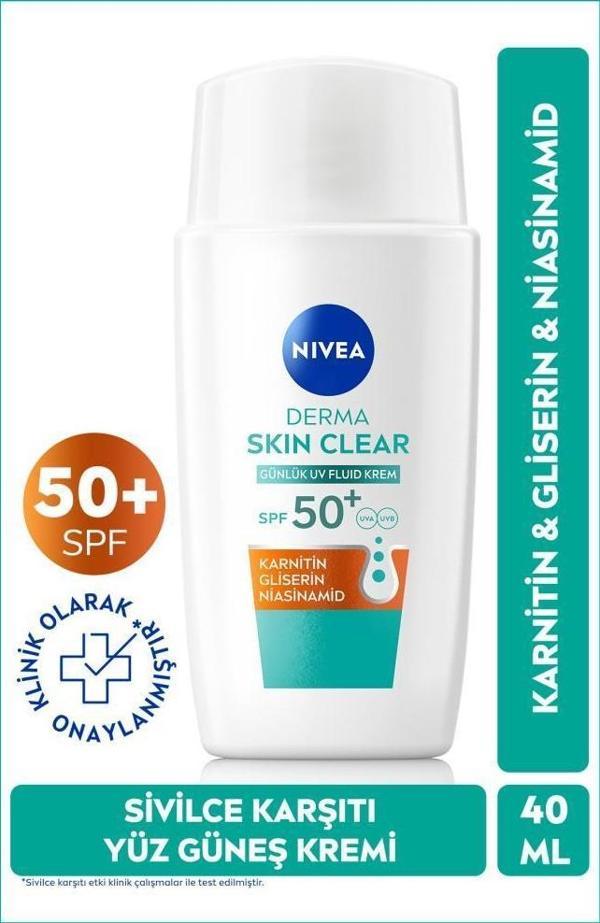 SPF50 Derma Skin Clear Sivilce Karşıtı Yüz Kremi 40 ml, Matlaştırıcı, Karnitin, Gliserin,Niasinamid  - Image 1