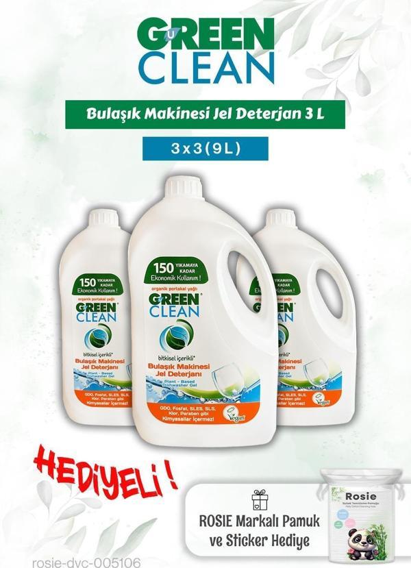 Bulaşık Mak. Jel Deterjan 3x3 (9L) Green Clean ve Rosie pamuk hediye - Image 1