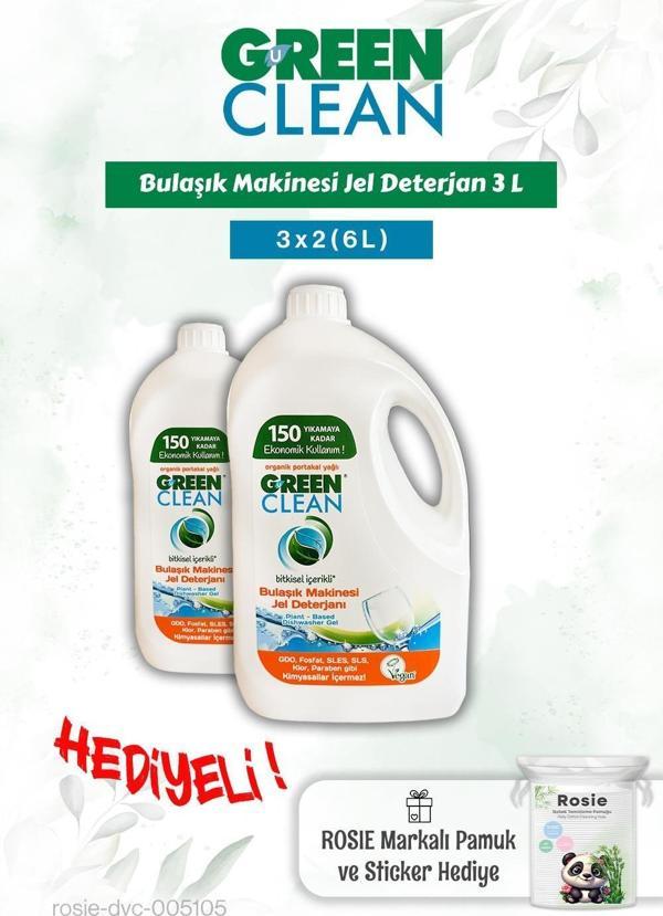 Green Clean 2 adet Bulaşık Mak. Jel Deterjan 3 L ve Rosie pamuk hediye - Image 1