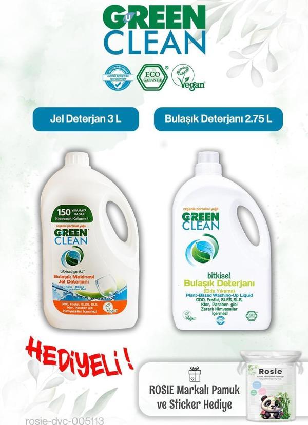Green Clean 2.75 L Bulaşık Deterjanı, Bulaşık Mak. Jel Deterjan 3L ve Rosie pamuk hediye - Image 1