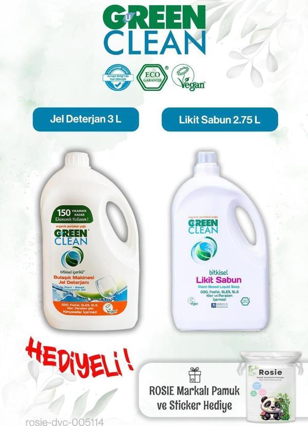 Green Clean 2.75 L Likit Sabun, Bulaşık Mak. Jel Deterjan 3L ve Rosie pamuk hediye - Image 1