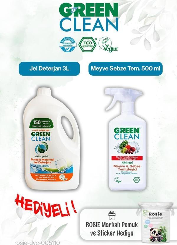 Green Clean 500 ml Meyve Sebze Tem., Bulaşık Mak. Jel Deterjan 3L ve Rosie pamuk hediye - Image 1