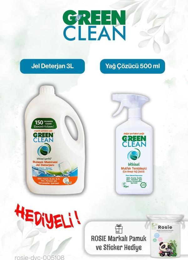 Green Clean 500 ml Yağ Çözücü, Bulaşık Mak. Jel Deterjan 3L ve Rosie pamuk hediye - Image 1
