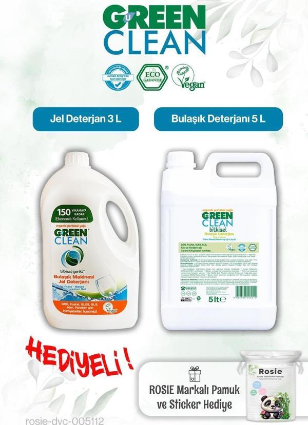 Green Clean Bulaşık Deterjanı 5 L, Bulaşık Mak. Jel Deterjan 3L ve Rosie pamuk hediye - Image 1