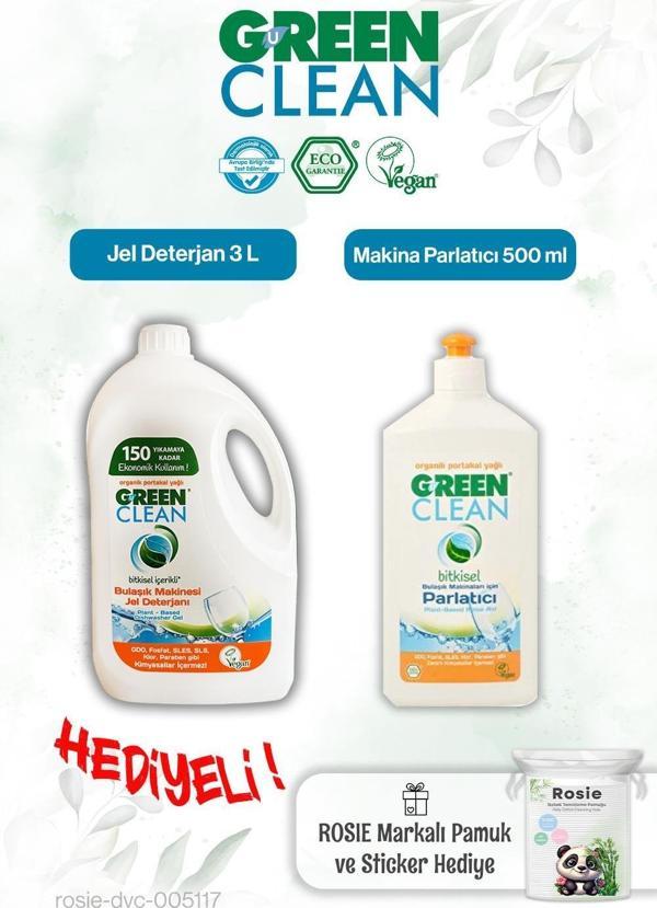 Green Clean Bulaşık Mak. Parlatıcı 500 ml ve Bulaşık Mak. Jel Deterjan 3 L ve Rosie hediye - Image 1