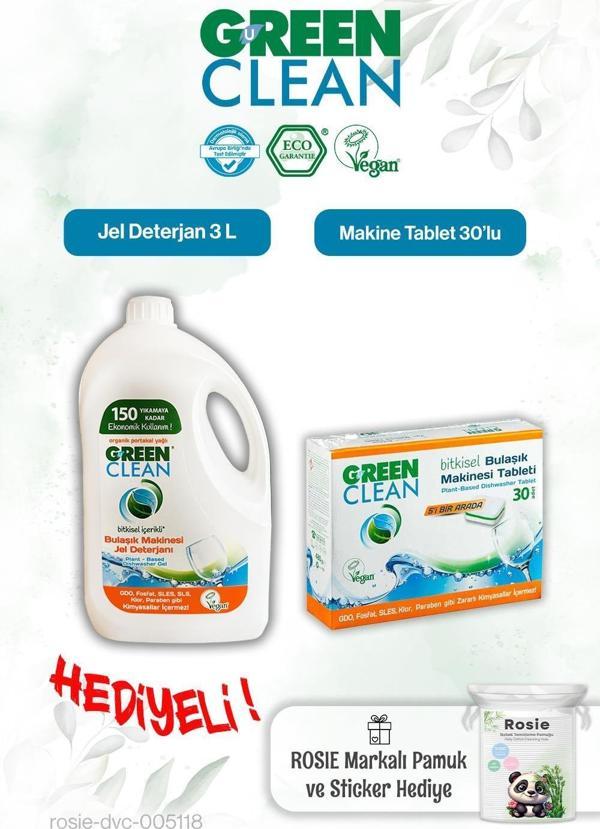 Green Clean Bulaşık Mak. Tablet 30'lu ve Bulaşık Mak. Jel Deterjan 3 L ve Rosie hediye - Image 1
