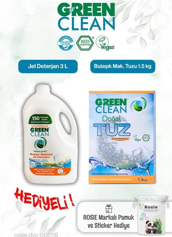 Green Clean Bulaşık Mak.Tuzu 1.5 Kg, Bulaşık Mak. Jel Deterjan 3L ve Rosie pamuk hediye - Image 1